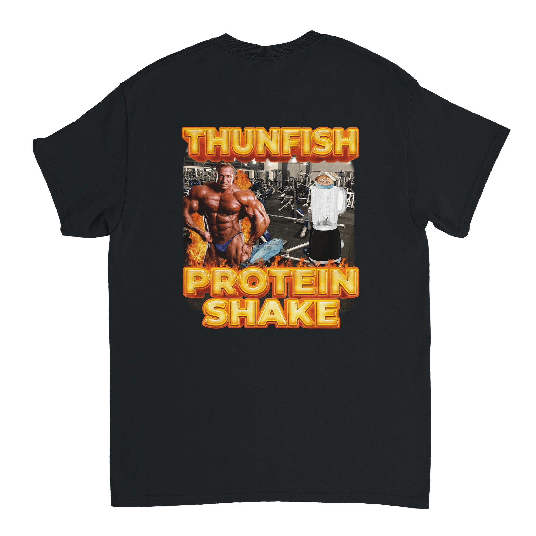 T-shirt met tonijn proteïneshake print op de achterkant - Laatste shirt
