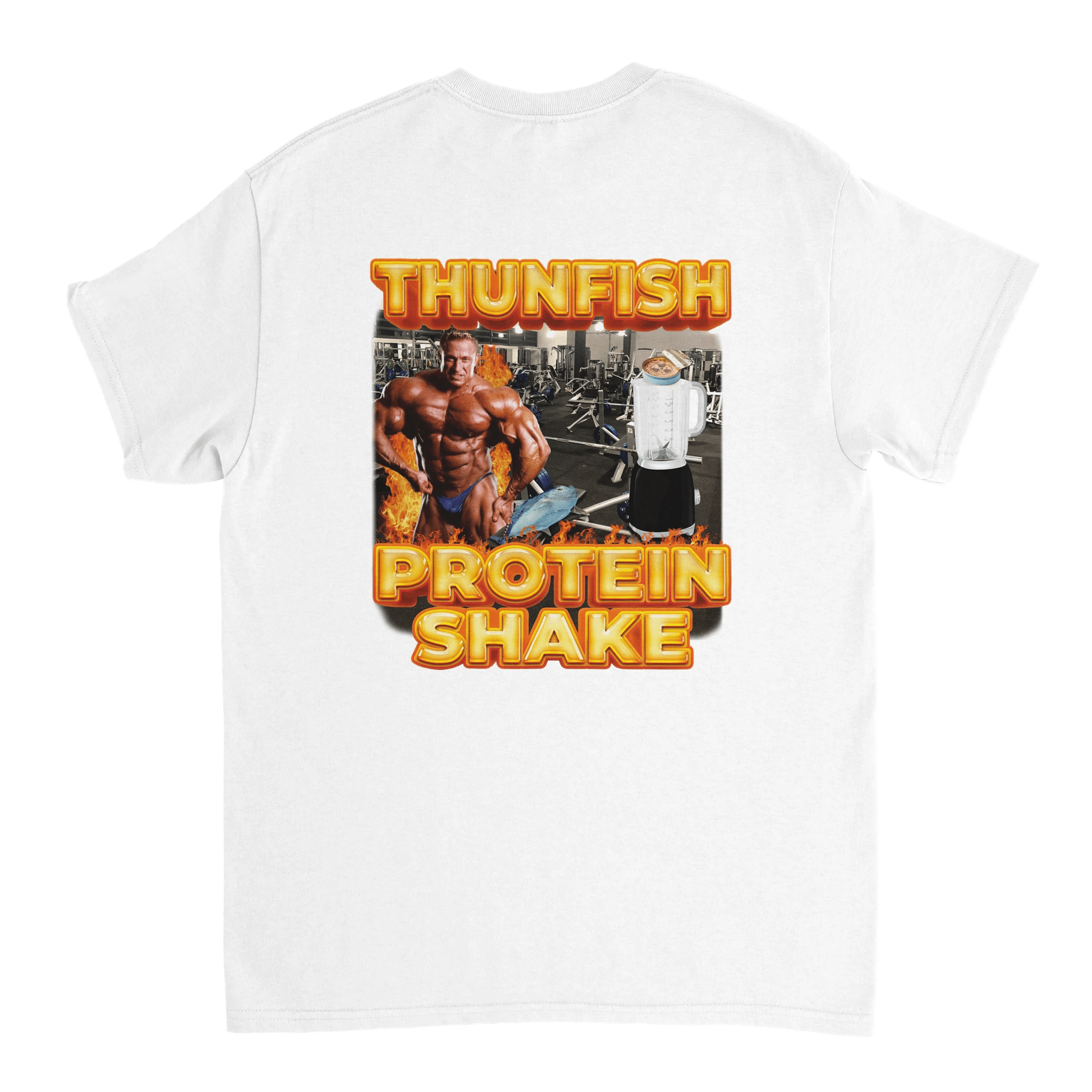 T-shirt met tonijn proteïneshake print op de achterkant - Laatste shirt